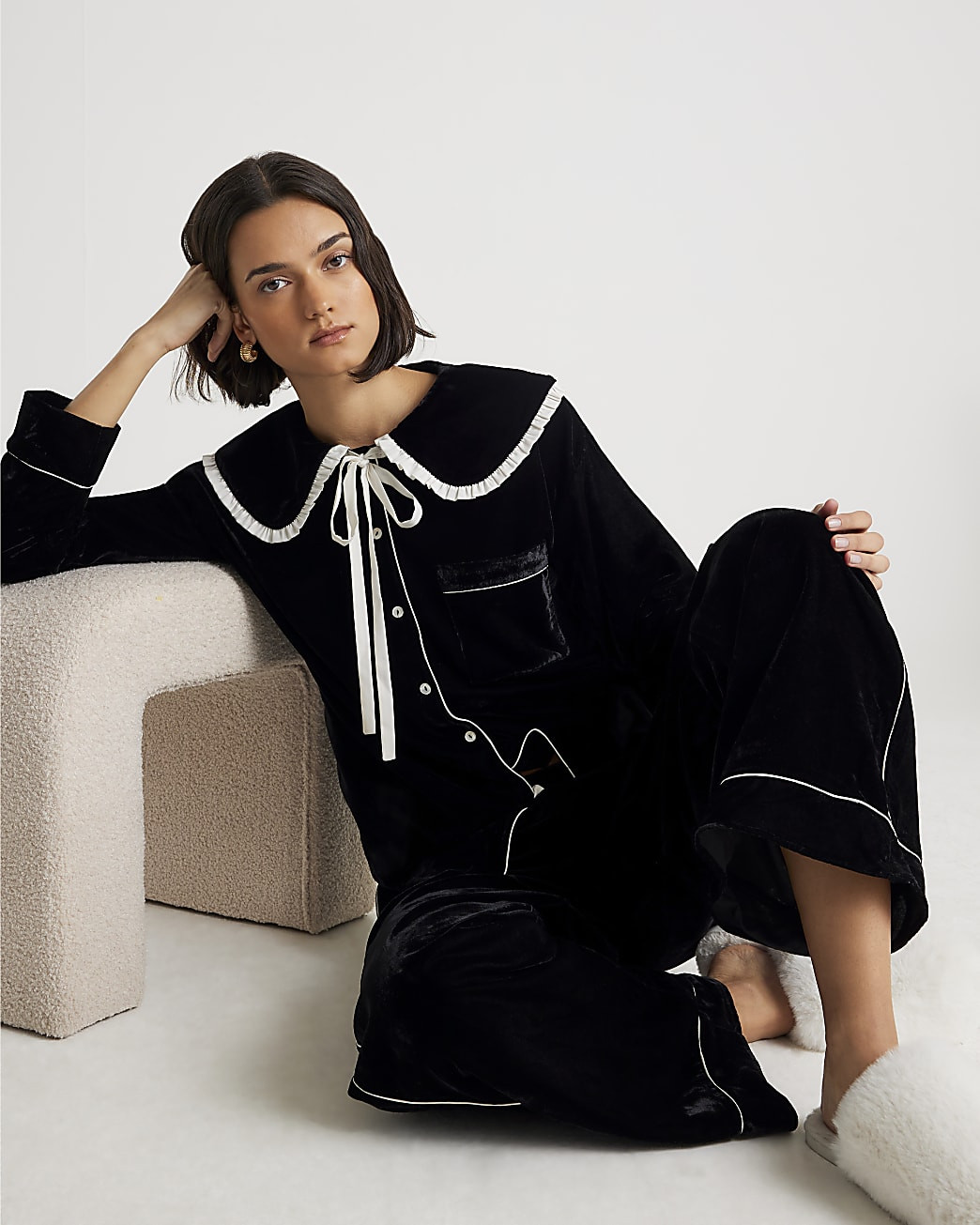 Black Frill Collar Velvet Pyjama Set | River Island UK & IE
