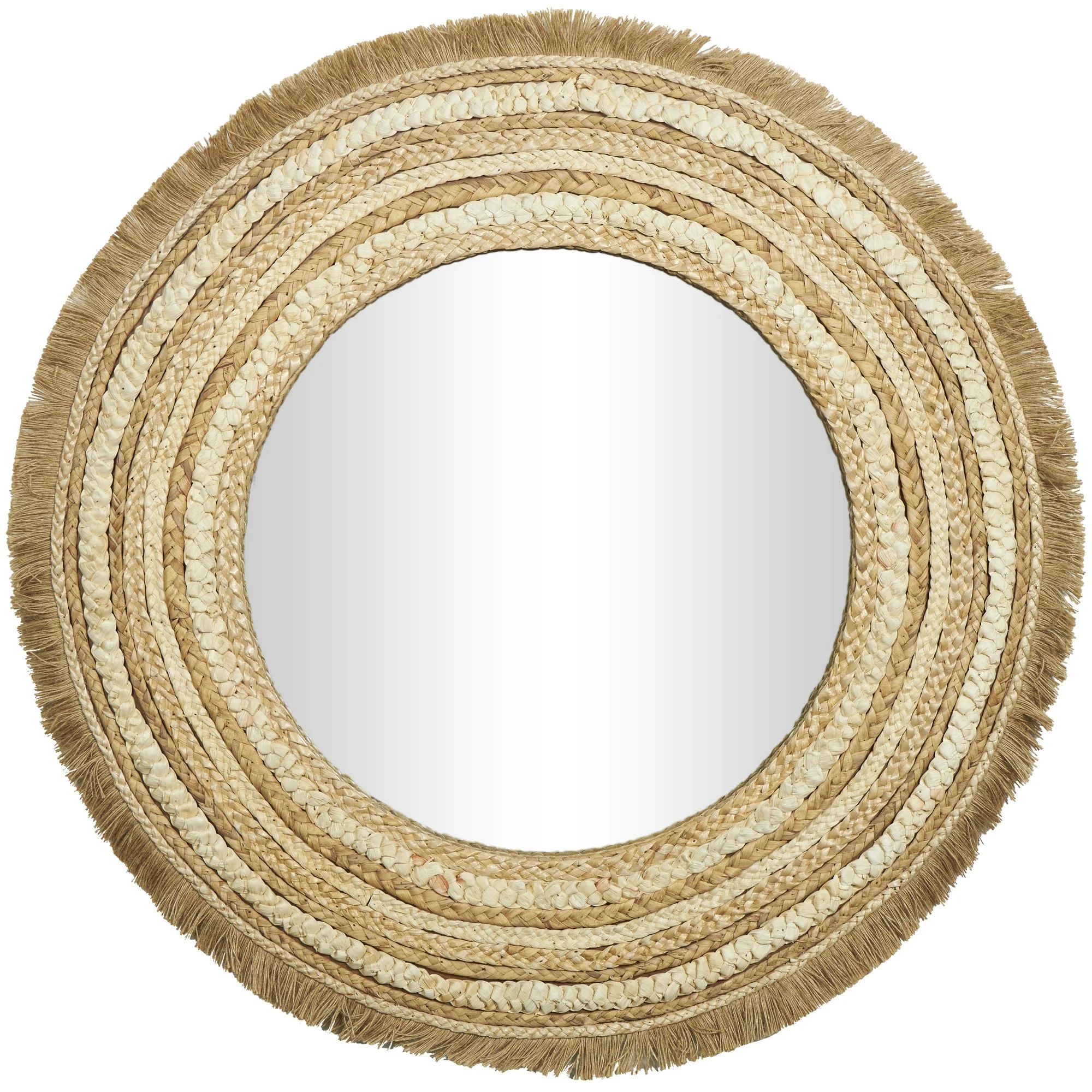 DecMode 38" x 38" Beige Woven Wall Mirror with Fringe Ends | Walmart (US)