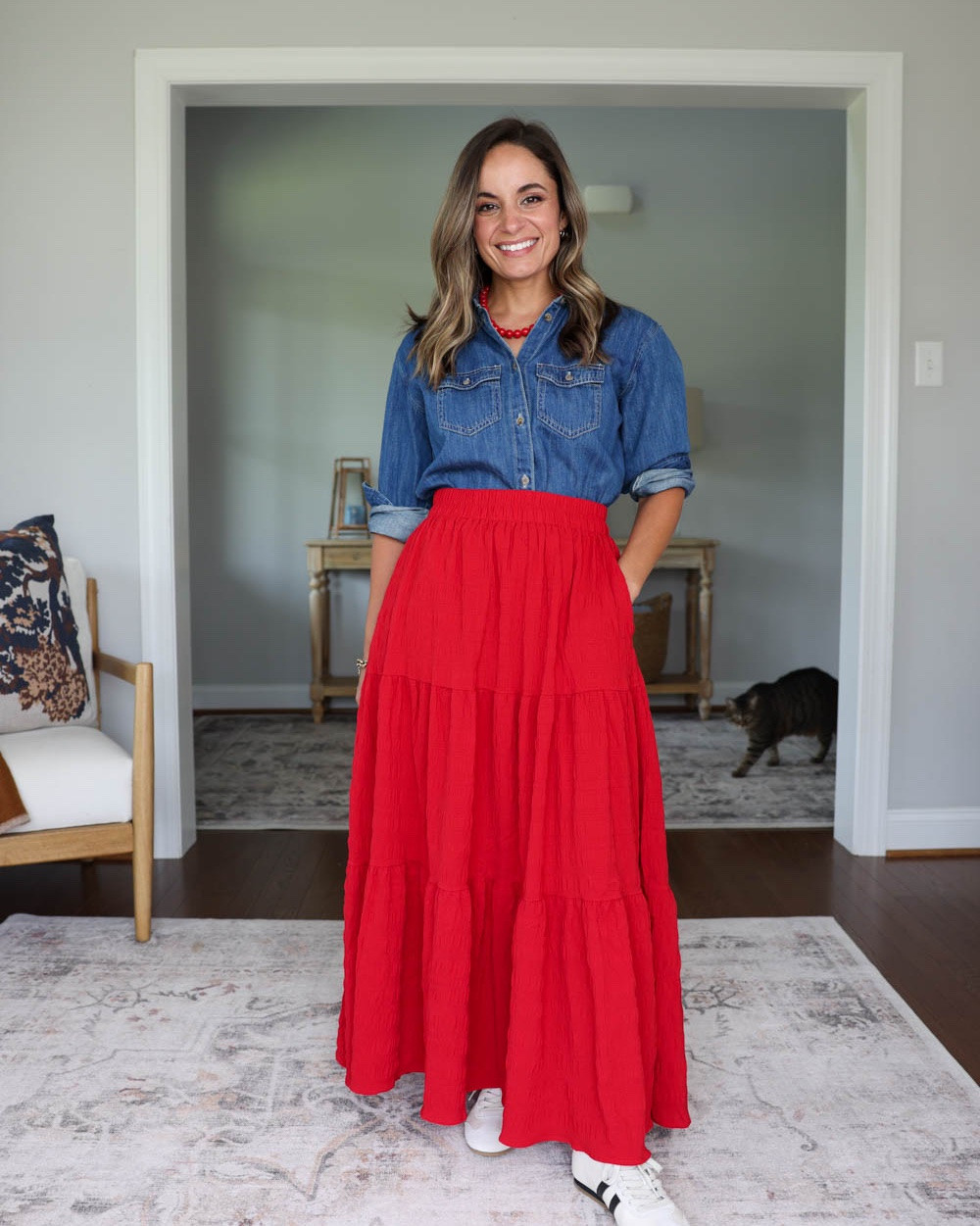 A few Fall-ready skirts to add to your petite wardrobe!

Outfit 1:
Red skirt (Amazon): xs
Denim top - linking a similar option
Similar necklace linked 
Sneakers (Quince): size up 1/2 size to wear with thick comfortable socks (I’ll link my favorite) 

Outfit 2:
Skirt (Kohl's): xs -  I could have gone with small
Top (Target): xs
Heels (Dolce Vita): tts

Outfit 3:
Navy skirt (Aritzia): xs
Navy Cardigan (Quince): xs
Tan Sleeveless top (Quince): xs 
Pointed toe heels (Sam Edelman): true to size

Size comparison: my measurements are 32”, 24”, 36” and I have a 25” ankle inseam and a 27.5-28” full length inseam.

#LTKPetite #LTKSaleAlert #LTKSeasonal