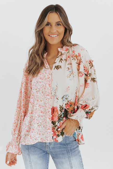 Multi Pink Contrast Print Ruffle Sleeve Blouse | Magnolia Boutique