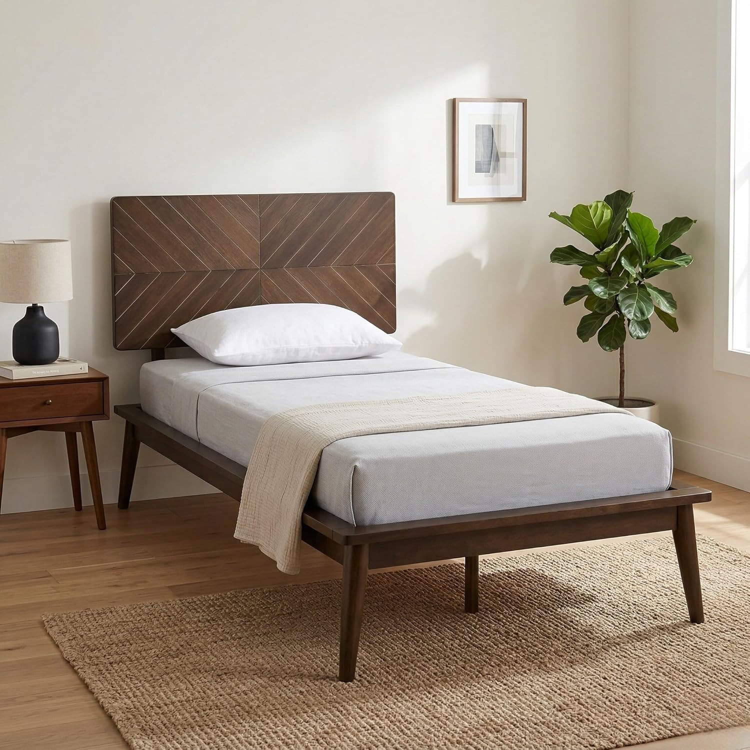 Allforwood Loki Solid Wood Bed Frame Twin XL Premium Platform Bed with Chevron Headboard Design and Wood Slat Support Espresso | 902341 | Lowe's