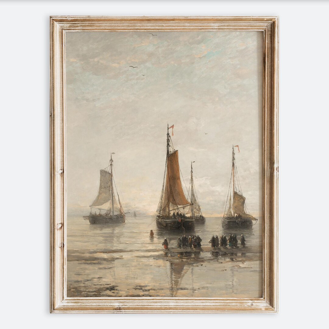 European Vintage Sailboats Wall Art Print, Rustic Coastal Boat in Sea Oil Painting, Antique Count... | Etsy (US)
