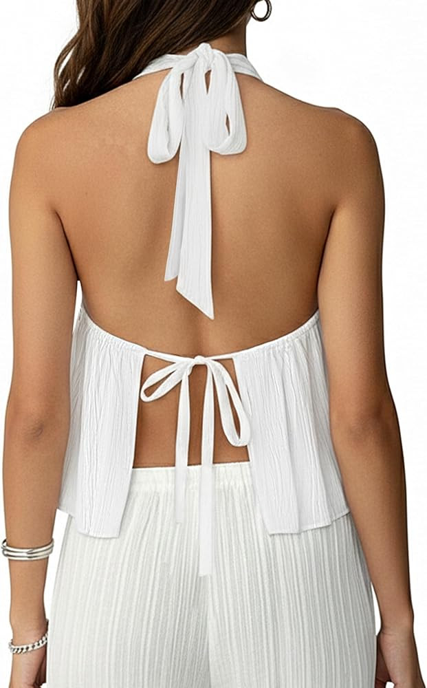 Remidoo Women's Split Front Halter Tops Deep V Neck Backless Sexy Tie Back Top Black Medium at Am... | Amazon (US)