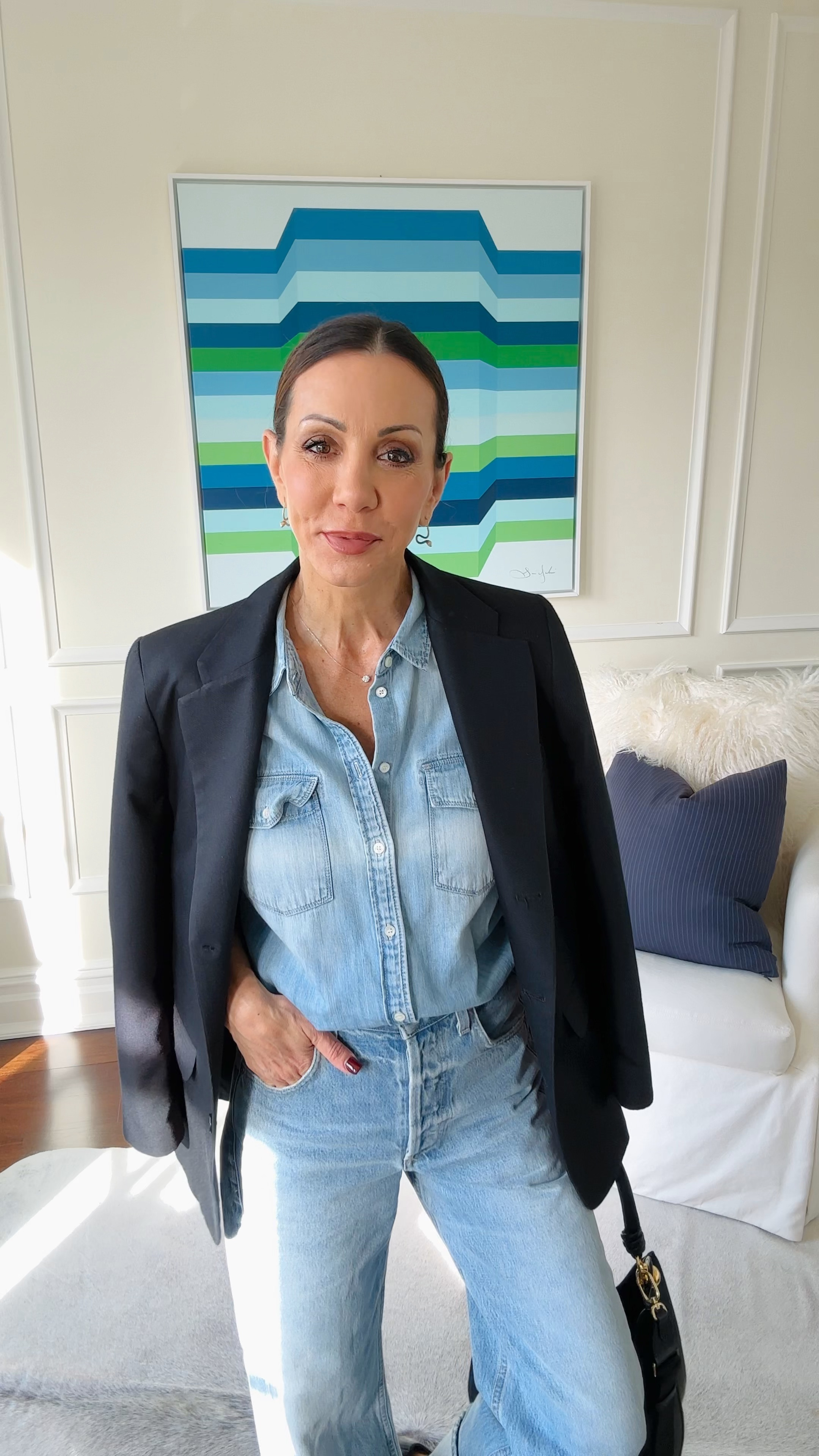 Elevated casual double denim look. These jeans are one of my favorites. The baggy  fit is so comfy and you can wear them cuffed or un-cuffed.

The bag is Furla (purchased in Italy) but I linked a similar one available in the US
