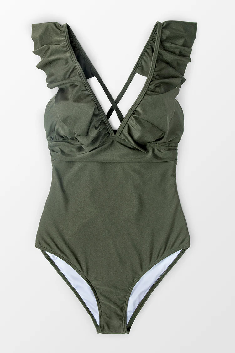 Olive Green One-Piece Swimsuit with Ruffled Shoulder Straps | Cupshe
