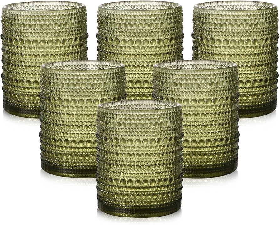 Vintage Glassware Drinking Glasses Set of 6,12 oz Hobnail Glass Cups,Embossed Green Water Tumbler... | Amazon (US)