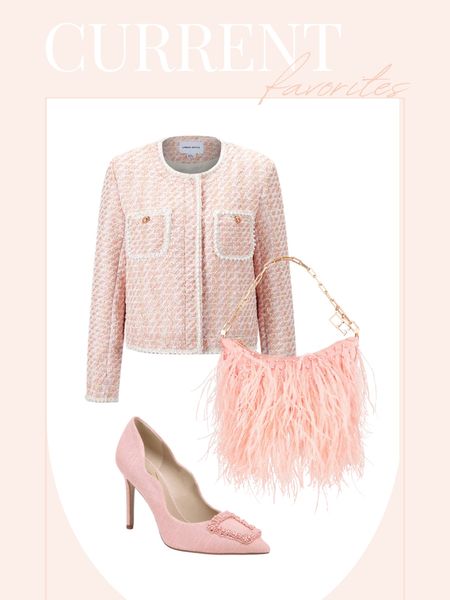 I workwear Valentine’s Day style. Feather bag. Blush pump. Blush and pearl blazer. Tweed.￼

#LTKitbag #LTKshoecrush #LTKstyletip