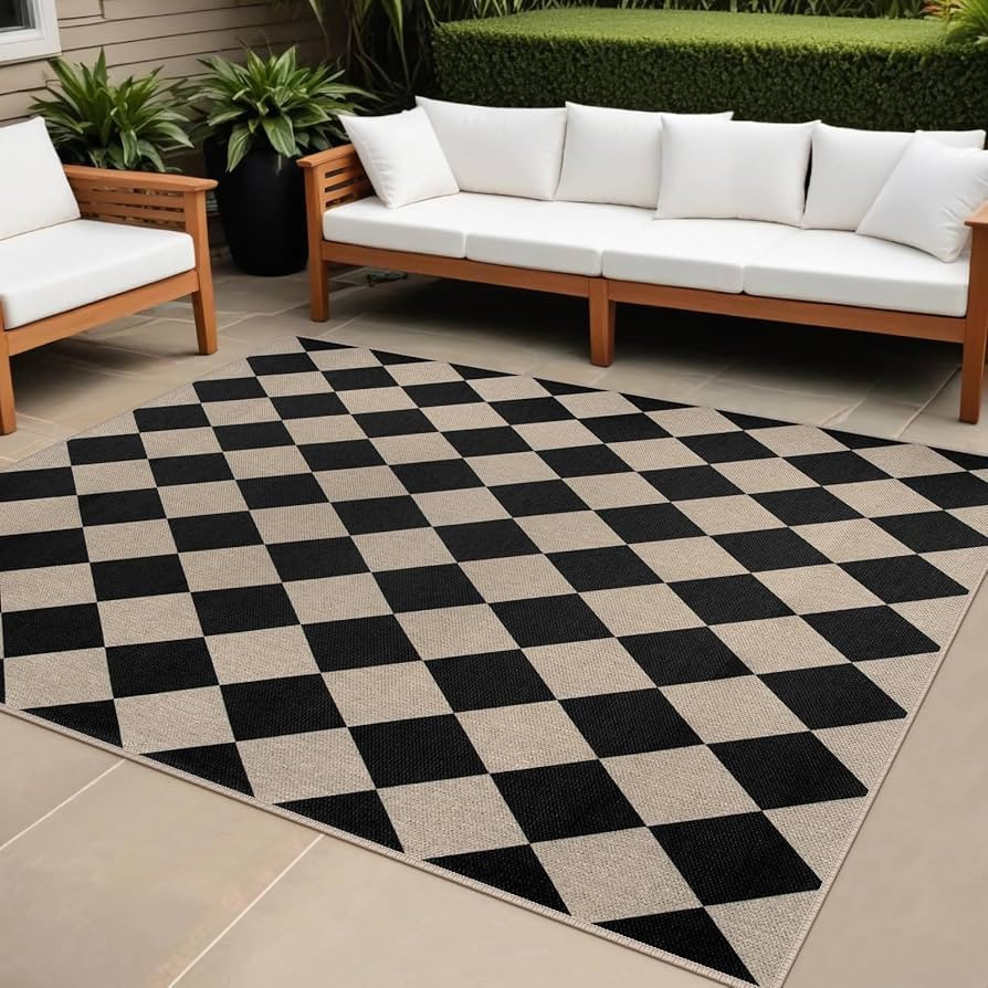 Easy Jute Black Checkered 5x7 Area Rug, Washable Modern Outdoor Rug for Patio Non-Slip Diamond Ru... | Amazon (US)