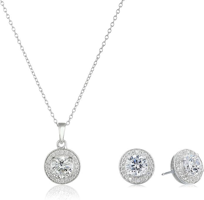 Amazon Collection Sterling Silver Cubic Zirconia Halo Pendant Necklace and Stud Earrings Jewelry ... | Amazon (US)