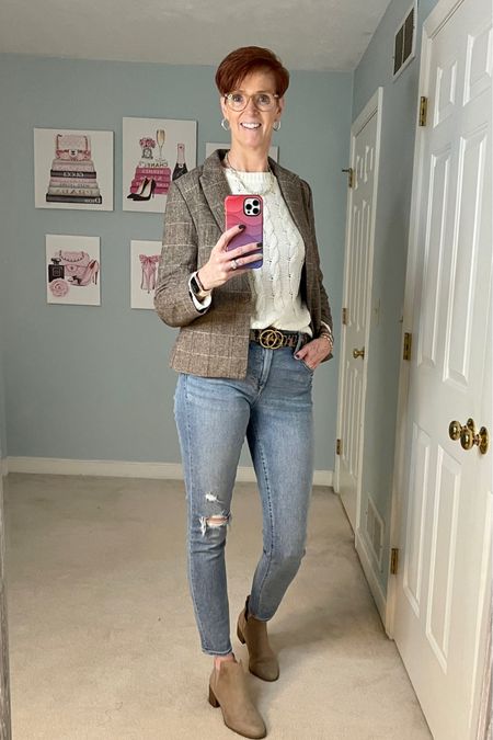 Fall outfit. Add a blazer to jeans and a cable knit sweater.

Distressed jeans, booties, cable knit sweater, tweed blazer, fall outfit

#LTKstyletip
