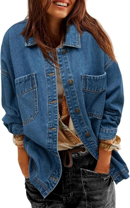 Sidefeel Women's Jean Jacket Oversized Boyfriend Button Up Long Sleeve Split Zimbaplatinum Denim ... | Amazon (US)