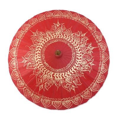 Saa Paper Parasol in Red with Gold Accents from Thailand | NOVICA