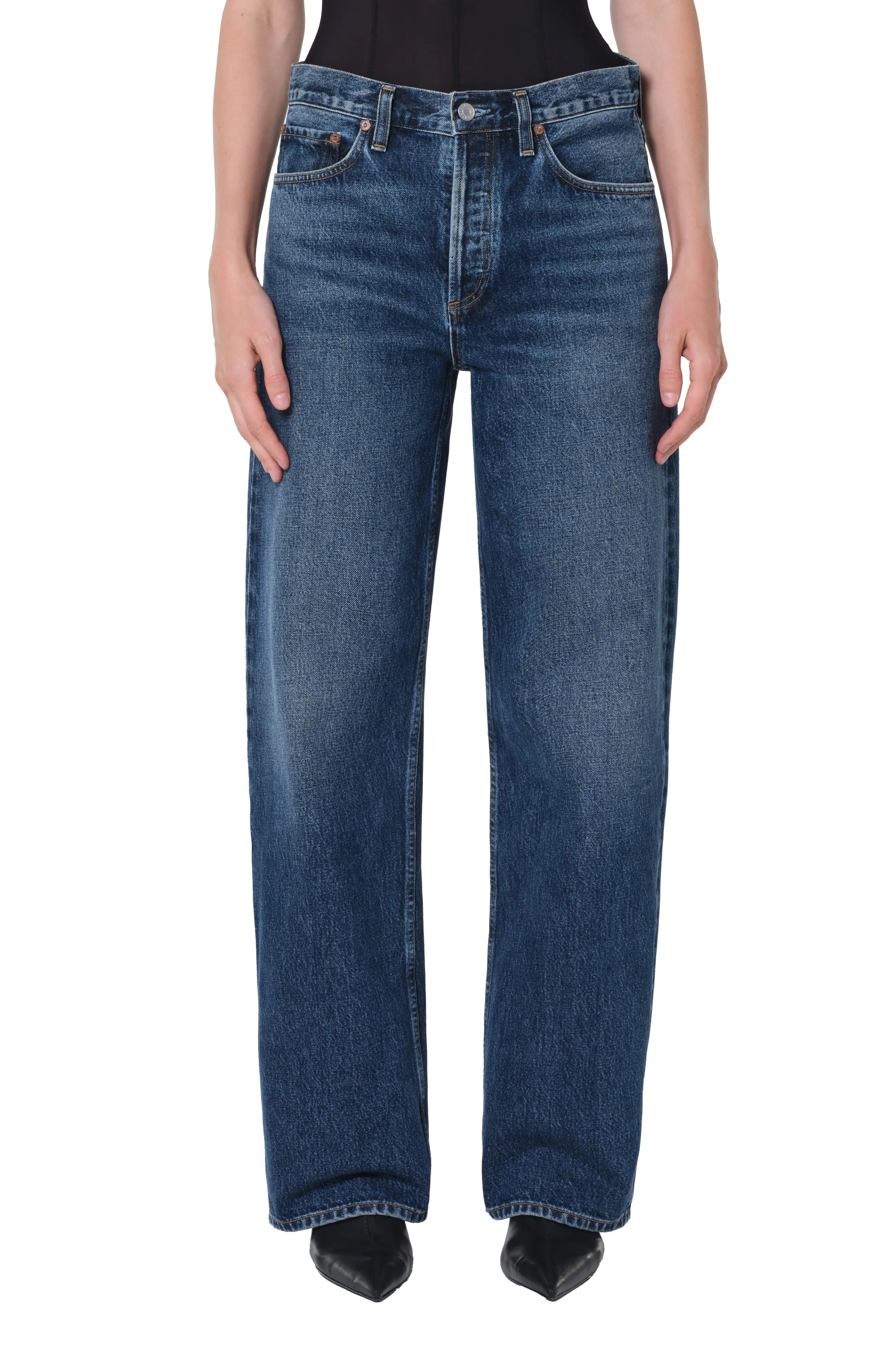 AGOLDE Arc Straight Leg Jeans in Short Wave Bright Dark Indigo at Nordstrom, Size 24 | Nordstrom