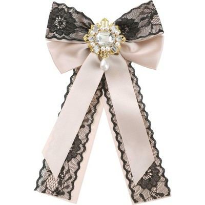 INSPIRE CHIC Women's Pre-Tied Ribbon Pin Collar Lace Trim with Rhinestone Brooch Ties Apricot One Size | Target