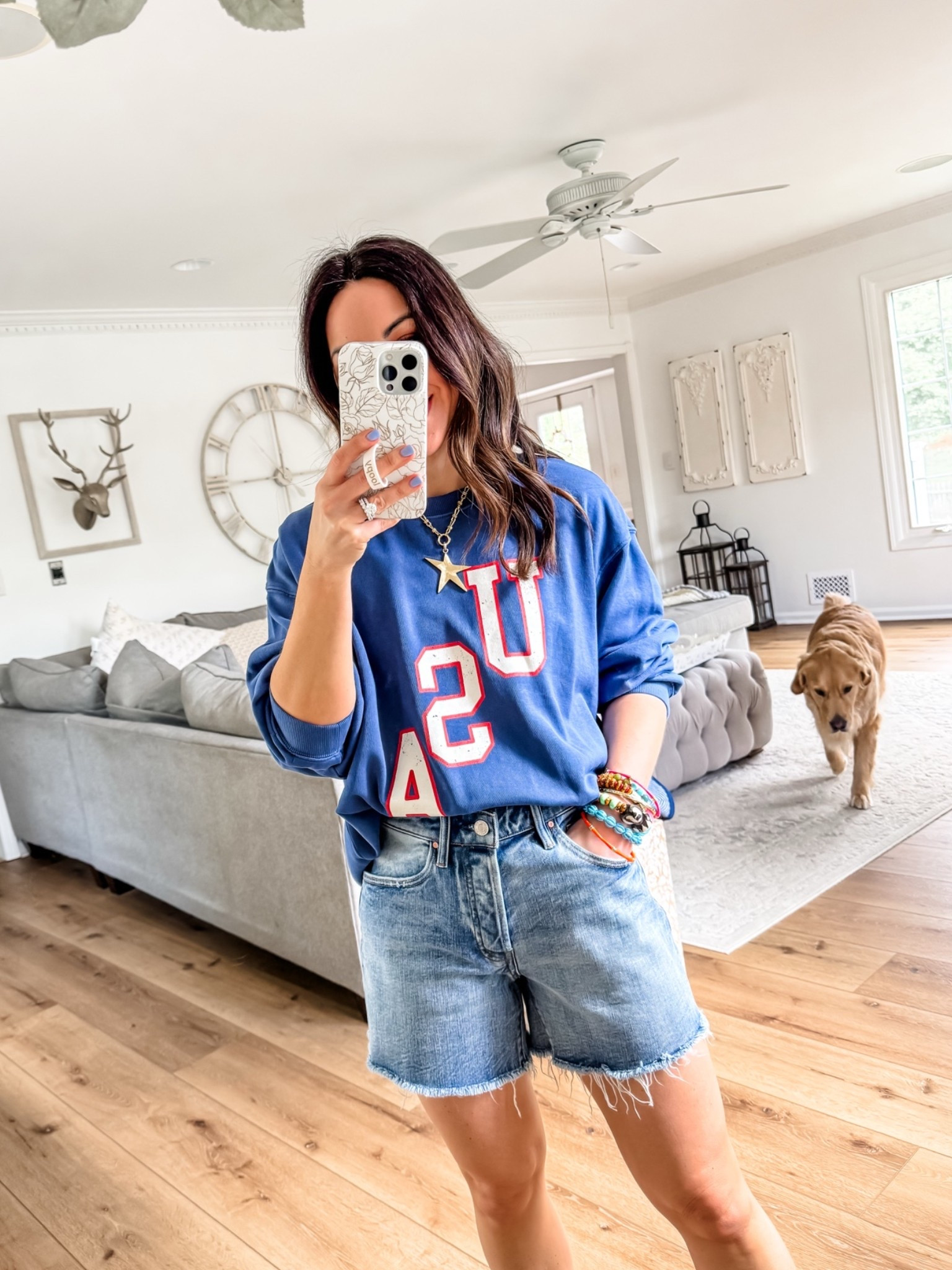 Small USA sweatshirt. 25 denim shorts. Could’ve done 24.

#LTKOver40