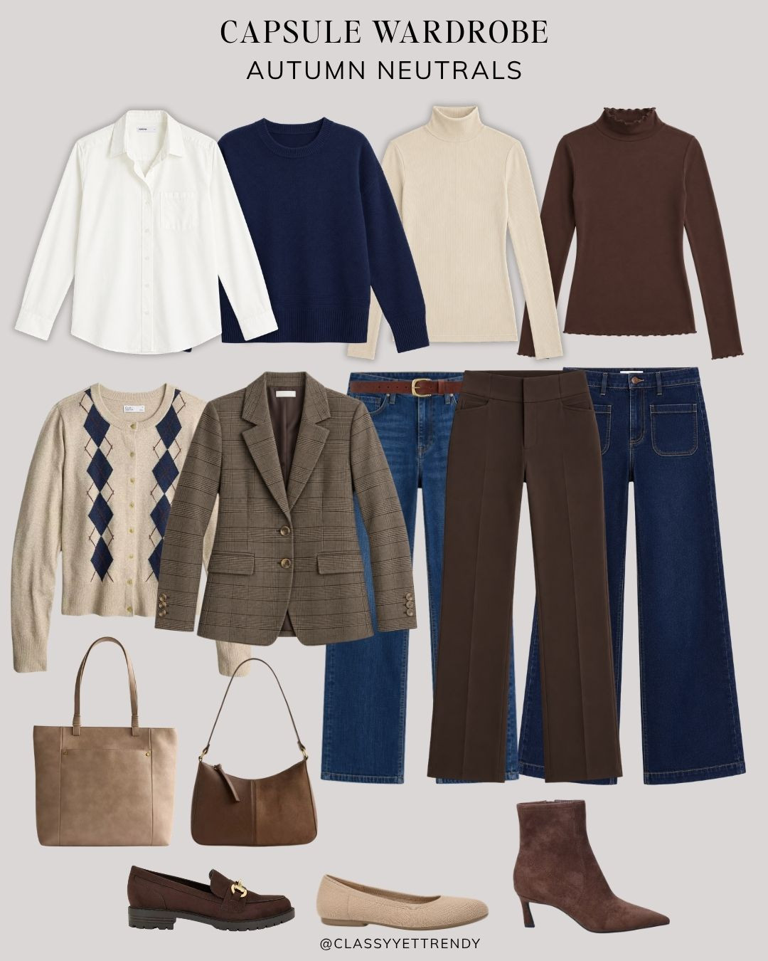 Modern Heritage Autumn Neutrals Capsule: 12 Tops, Bottoms, Layers and Shoes, many outfits! ✔️ Create several looks with classic and timeless staples - including wide-leg jeans, white shirt, navy sweater, mock neck top - elevated with just a few seasonal gems like an argyle cardigan, plaid blazer and heeled boots.🍂 Effortless, versatile, and polished!🤎 Which outfit is your favorite? @kohls #kohls #kohlspartner #kohlsfinds

#fallstyle #autumnvibes #autumnoutfit #browntones #capsulewardrobe 

 