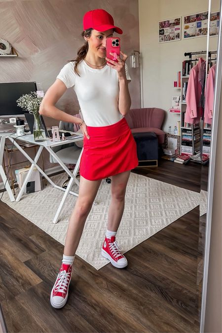 Red high top converse with cute Amazon outfit ❤️

Athleisure outfit // Amazon fashion finds // red baseball hat // red tennis skirt // white bodysuit 

#LTKfindsunder50 #LTKstyletip #LTKfitness