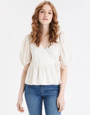 AE Striped Puff Sleeve Wrap Top | American Eagle Outfitters (US & CA)