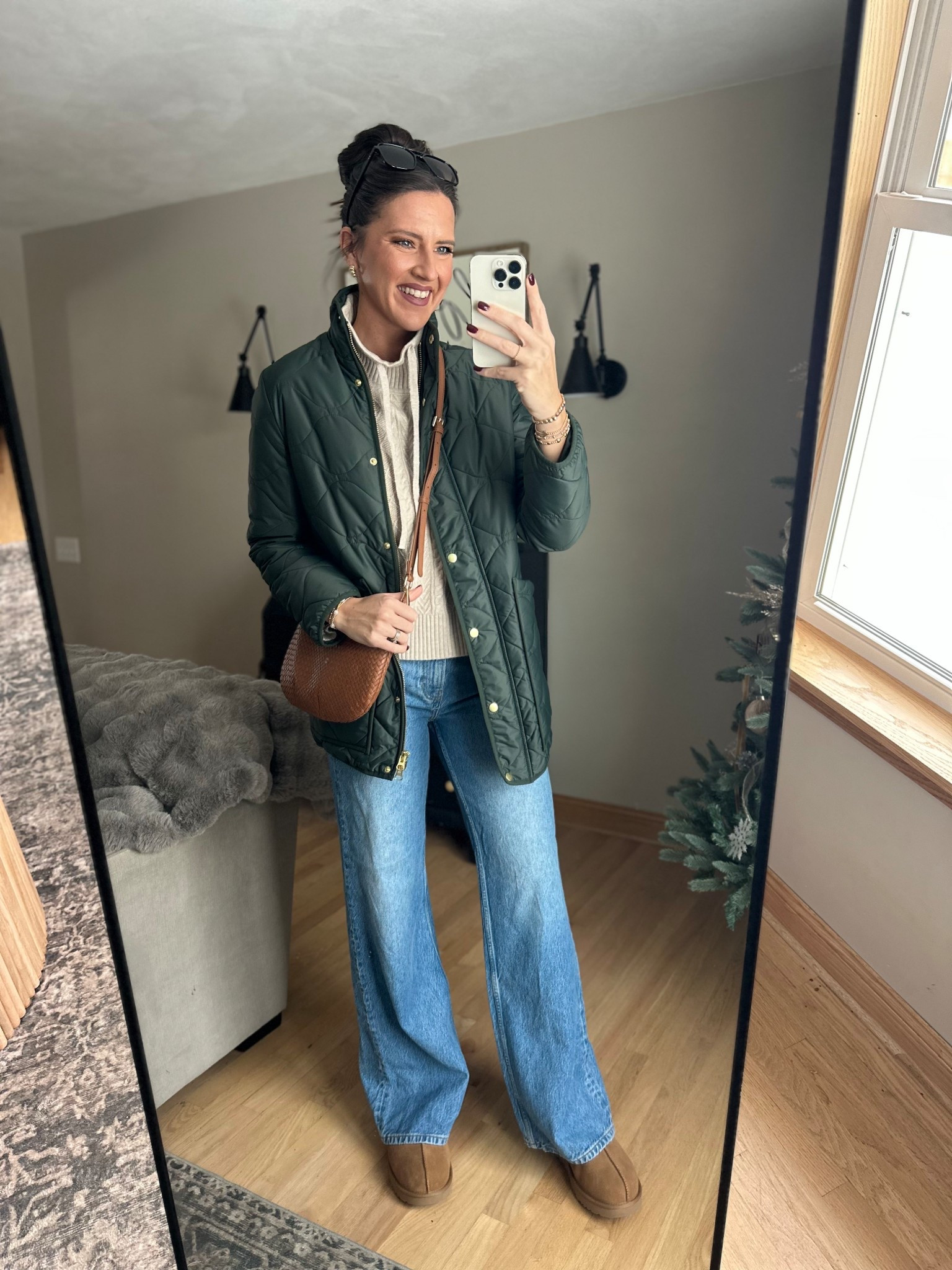 Casual but still classy winter style 

Jacket - small
Sweater - medium
Jeans - size 26 long 