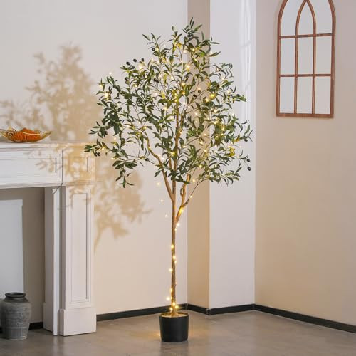 Pertivery 6FT Artificial Olive Tree, Fake Olive Tree 6 ft Faux Silk Tree Potted Large Faux Olive Branches & Fruits Artificial Tree with Warm LED Light String for Modern Home Office Indoor Decor | Amazon (US)