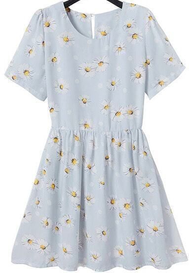 Light Blue Short Sleeve Daisy Print Pleated Dress | SHEIN