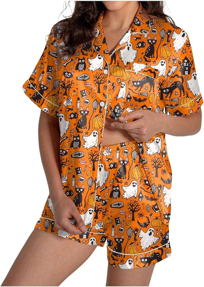 Halloween Pajamas Women 2Pc Sets Ghost Graphic Silk Satin Cute Sleepwear Button Down Short Sleeve... | Amazon (US)