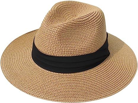 Lanzom Women Wide Brim Straw Panama Roll up Hat Fedora Beach Sun Hat UPF50+ | Amazon (US)