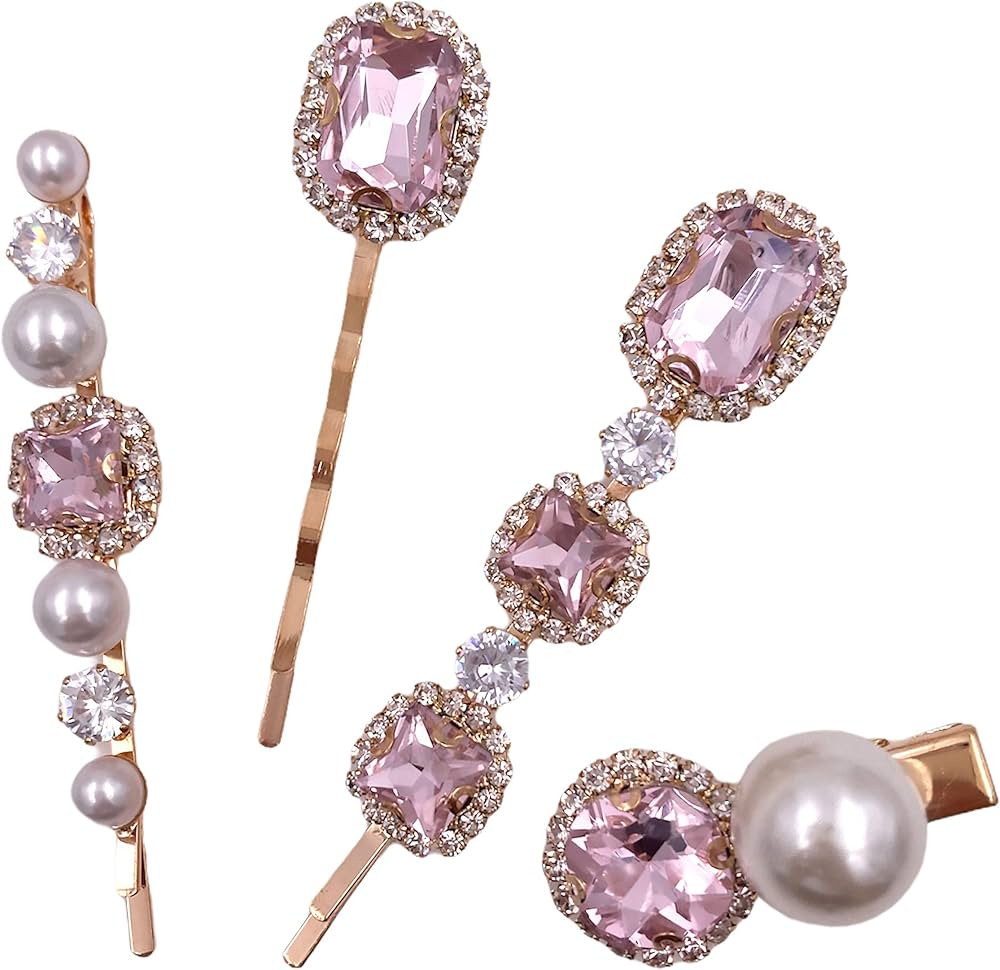 4PCS Pink Diamond Crystal Pearl Gold Bobby Pins Decorative Hair Slides Clips Accessories Women | Amazon (US)