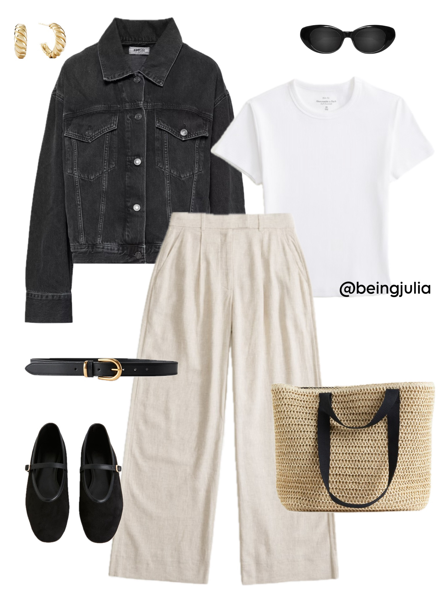 Spring outfit ideas! Details below:
-Washed black oversized denim jacket from Aritzia. 
-White baby tee from Abercrombie. 
-High rise wide leg beige linen pants from Abercrombie. 
-Black belt with gold buckle from Aritzia. 
-Black Mary Jane flats from H&M.
-Straw tote bag from H&M. 
-Celine Triomphe sunglasses. 
-Mejuri gold croissant dome hoop earrings. 


#LTKfindsunder100 #LTKstyletip #LTKSeasonal