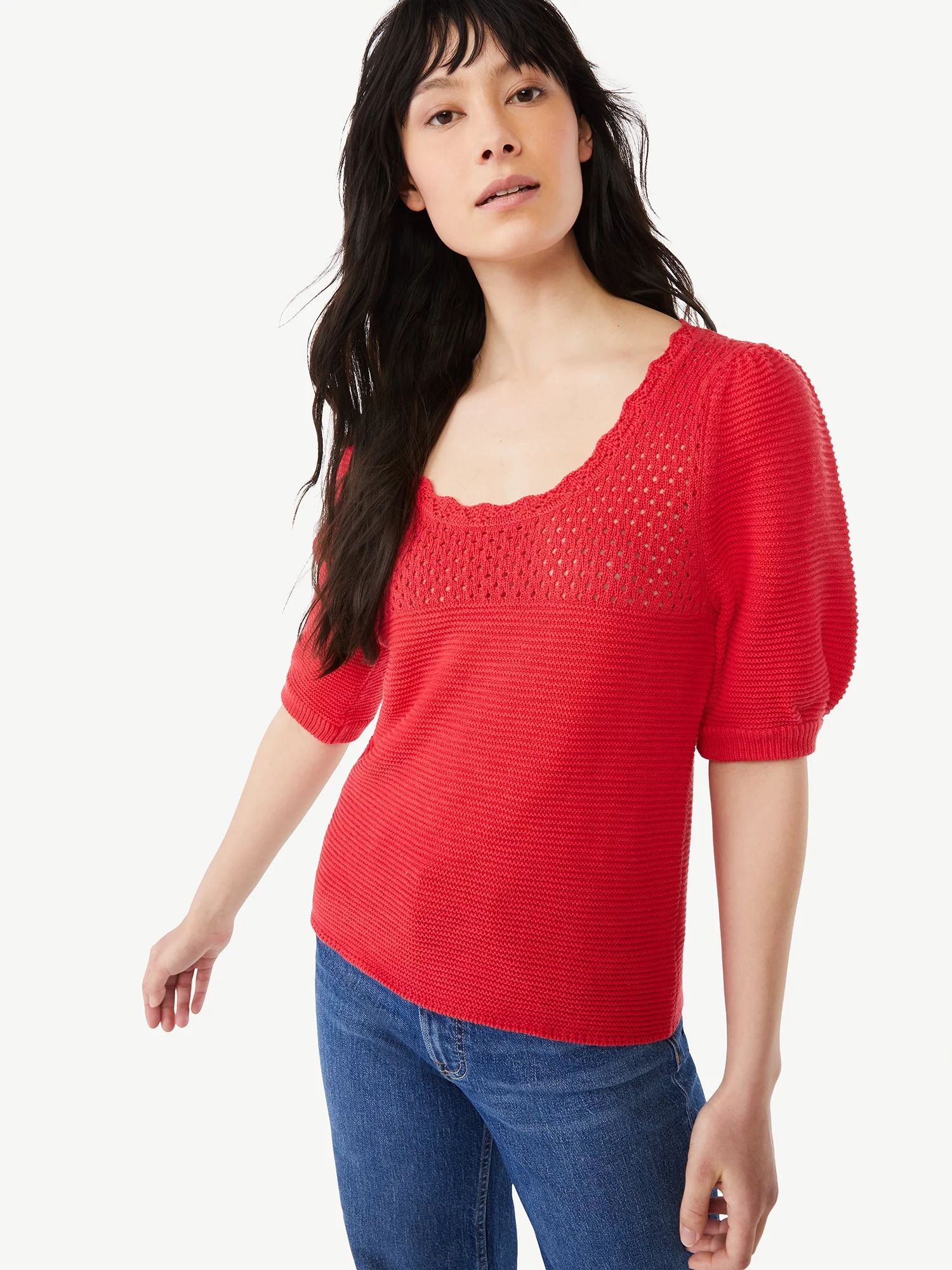 Free Assembly Women's Puff Sleeve Crochet Sweater - Walmart.com | Walmart (US)