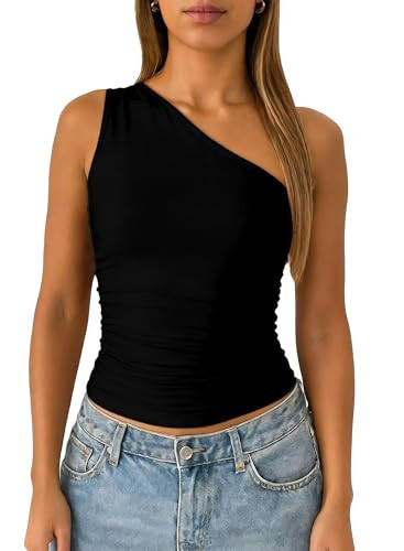 ForeFair Women One Shoulder Going Out Tank Top Double Lined Ruched Sleeveless Y2k Cute Summer Top(Black,XS) | Amazon (US)