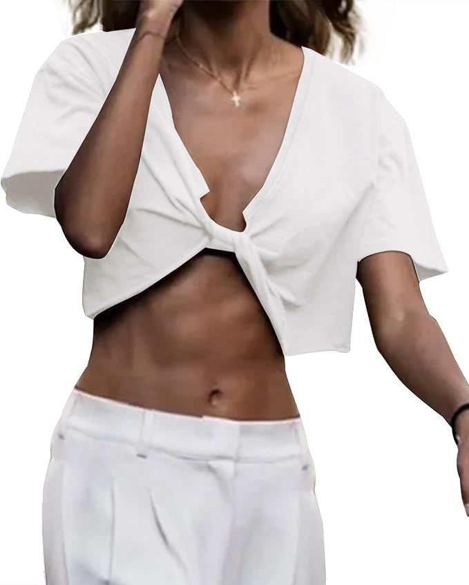 SAFRISIOR Women Loose Deep V Neck Twist Front Crop Tee Asymmetrical Hem Short Sleeve Crop T-Shirt... | Amazon (US)