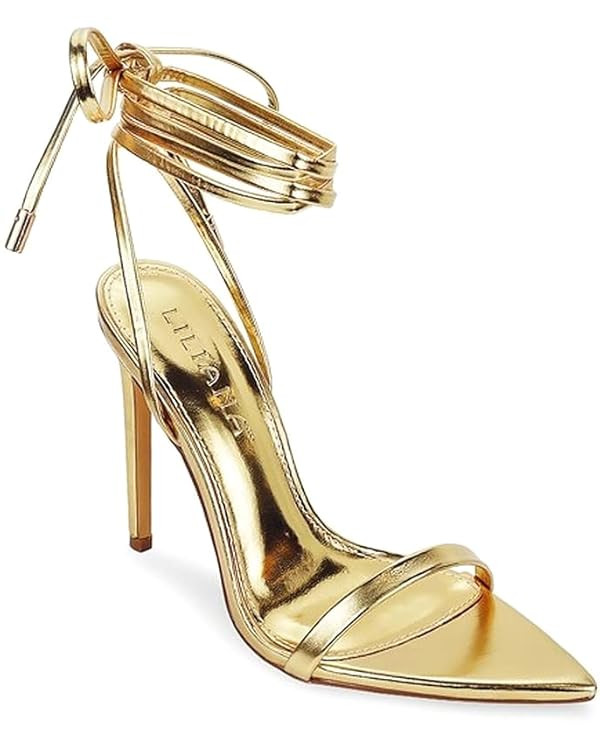 Liliana Women's Lace-Up Heels Sandals Strappy Pointed Toe Stiletto High Heel Sandals-Metallic Sho... | Amazon (US)