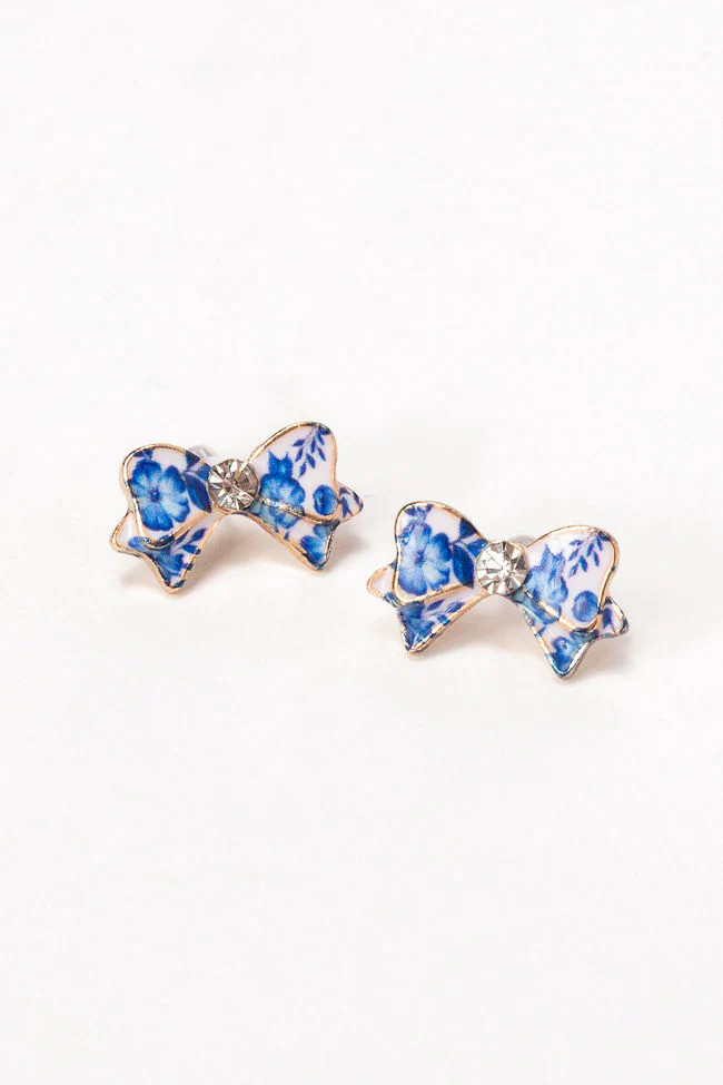 Blue Floral Printed Bow Earrings | Pink Lily