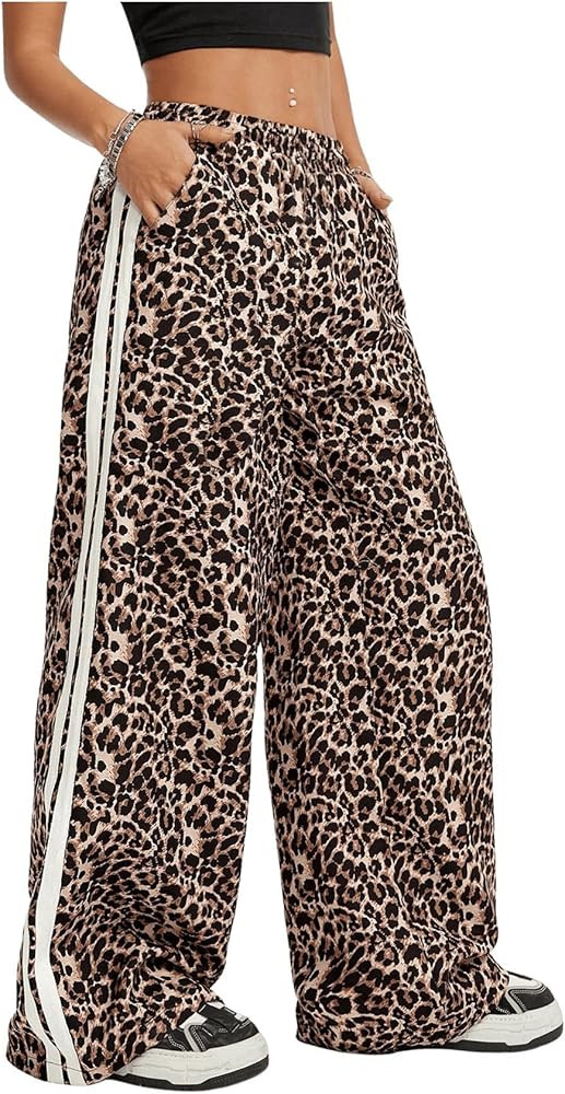 SHENHE Girl's Y2k Leopard Print Pants Wide Leg Baggy Side Stripe Cheetah Pants Trousers | Amazon (US)
