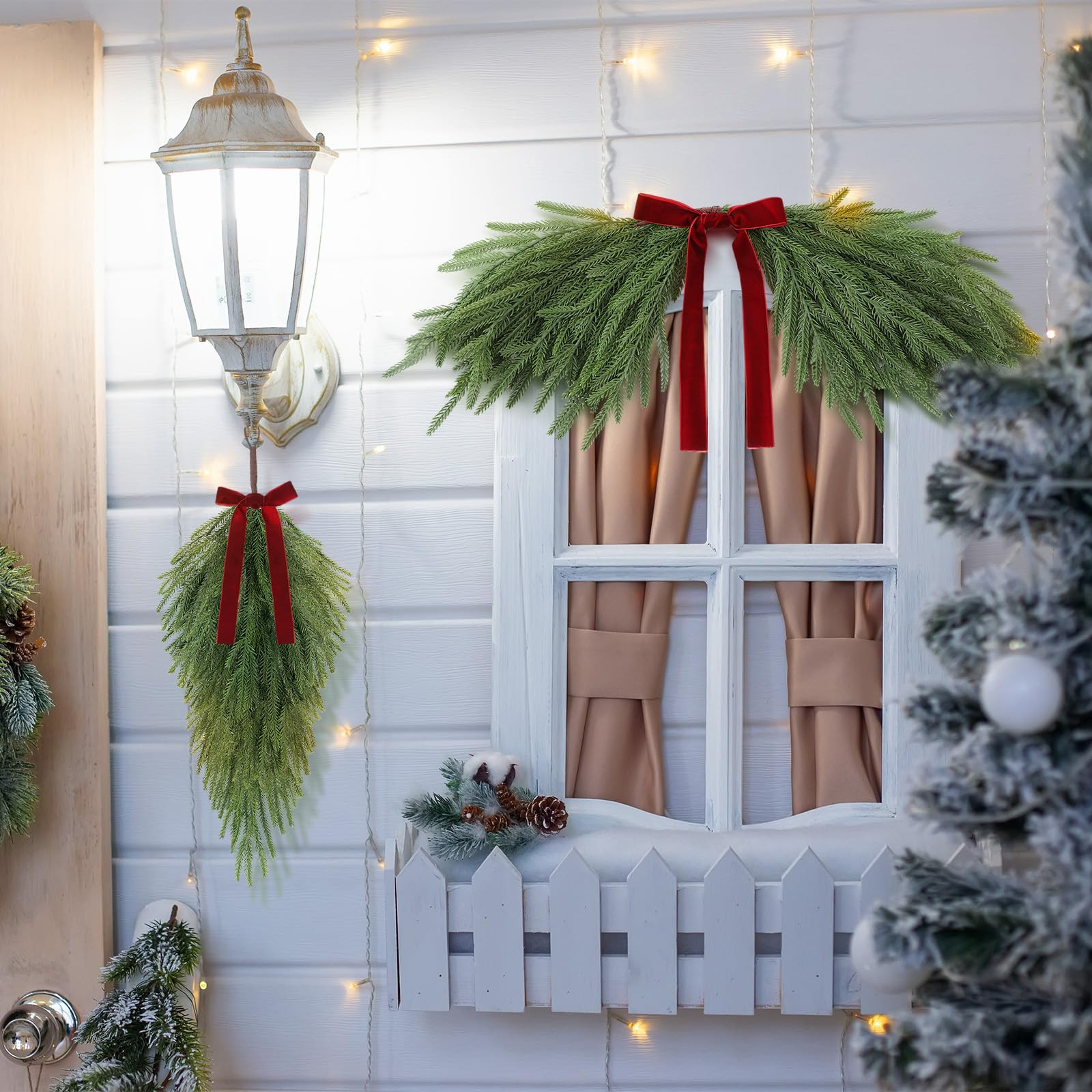 Syhood 3 Pack 24 Inch Christmas Greenery Teardrop Swag Arch Wreath Sets with Red Velvet Ribbon Bo... | Amazon (US)