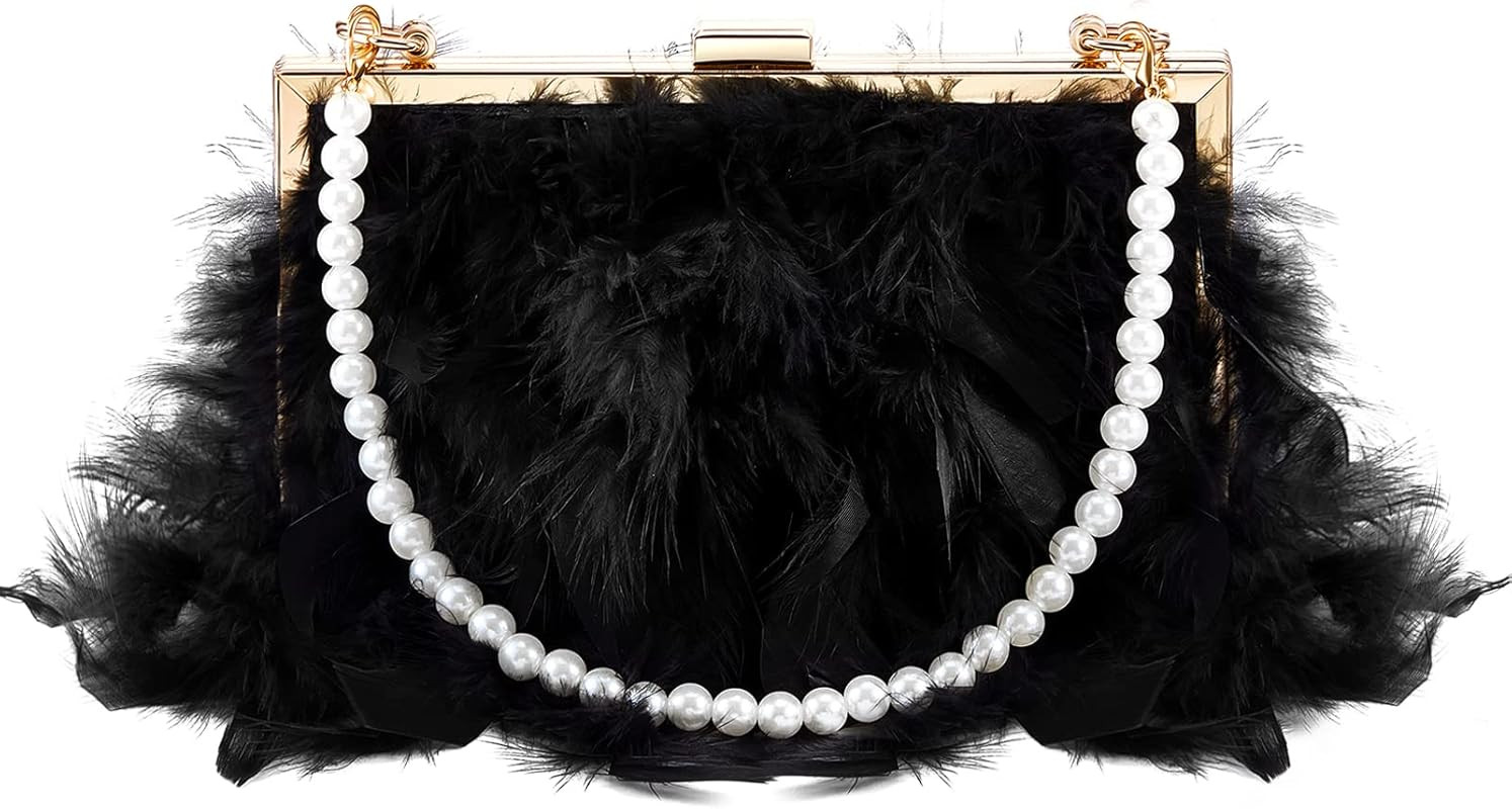 Evening Purse with Pearl Strap Chain and Gold Chain Faux Fur Purse Fake Feather Clutch Fluffy Purse  | Amazon (US)