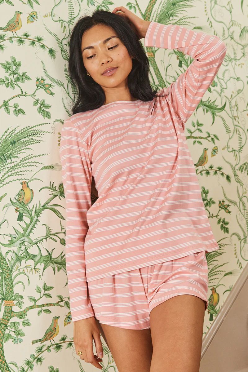 Pima Long-Short Weekend Set in Coral Stripe | LAKE Pajamas