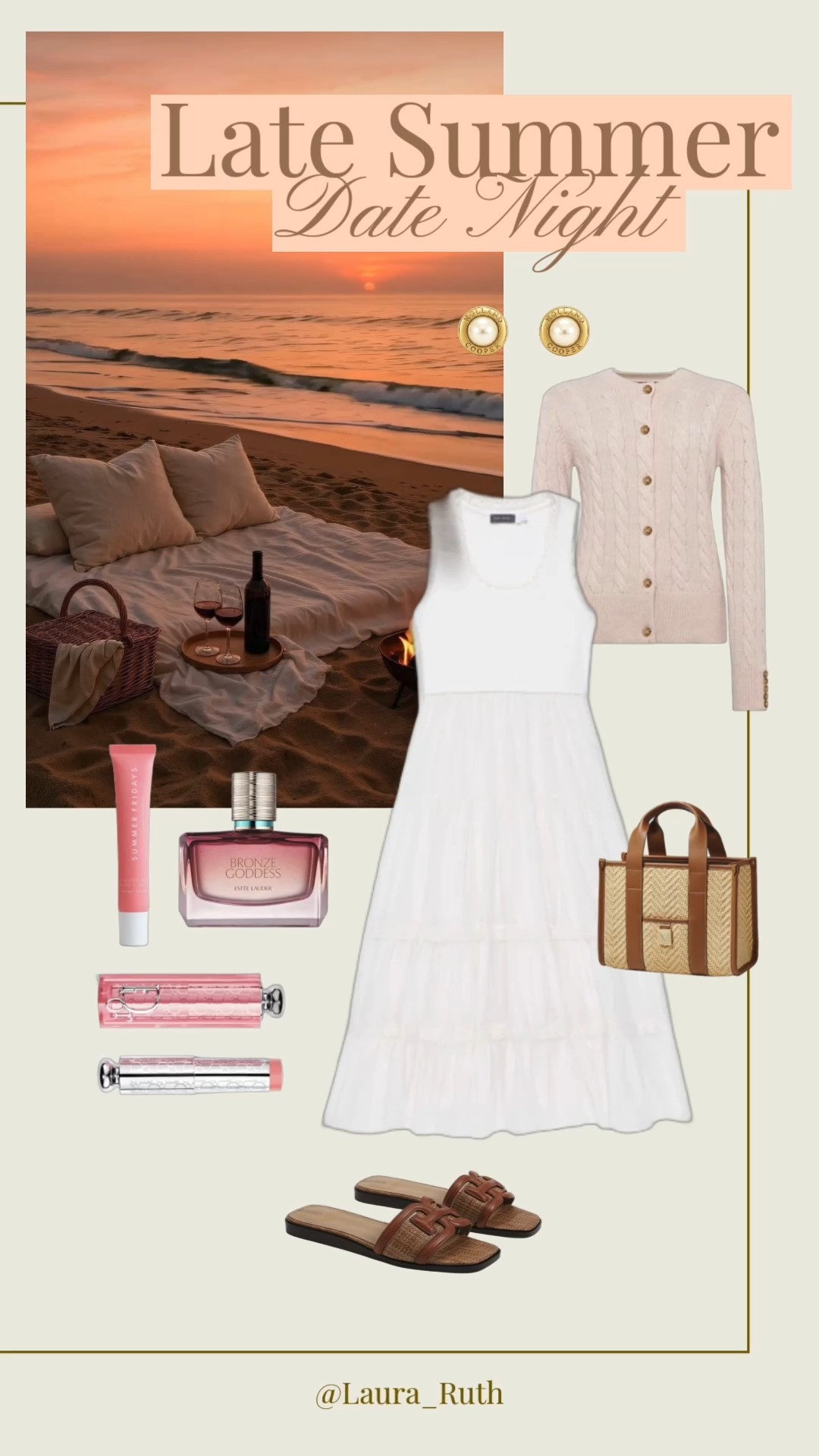 Golden hour date nights by the beach 🌅🥂  A flowing white dress paired with tan sandals and a raffia bag makes the perfect effortless summer look, finished with pearl studs and a soft pink cardigan for when the sun goes down.  Everything you need for a dreamy evening by the sea.  

 #LTKuk #LTKsummer #LTKdatenight
