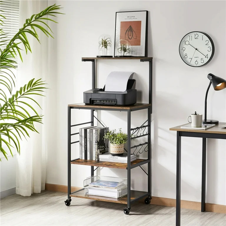 Easyfashion Kitchen Baker's Rack Microwave Stand Cart Coffee Bar Cabinet with Side Hooks, Rustic ... | Walmart (US)