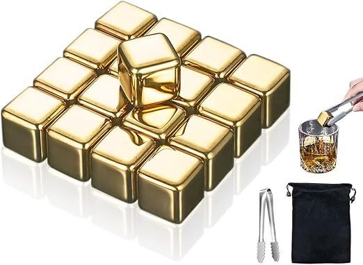 Kellegour 16 PCS Stainless Steel Whiskey Golden Ice Cubes,Gold Stainless Steel Whiskey Stones,Gol... | Amazon (US)
