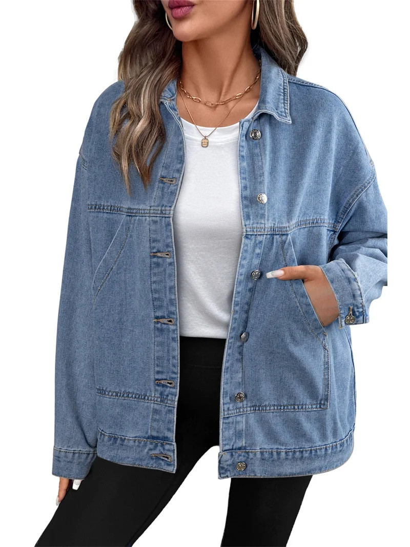 Eytino Womens Jean Jacket Denim Jackets Long Sleeve Oversized Button Down Shirts Drop Shoulder Sh... | Walmart (US)