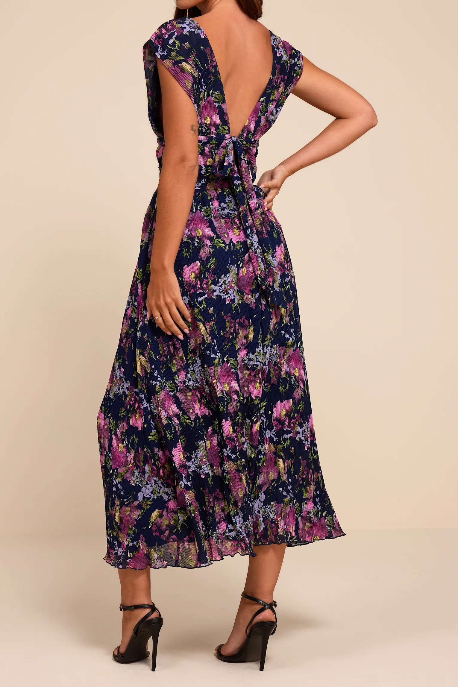 Taylen Navy Multi Floral Plisse Midi Dress | Lulus