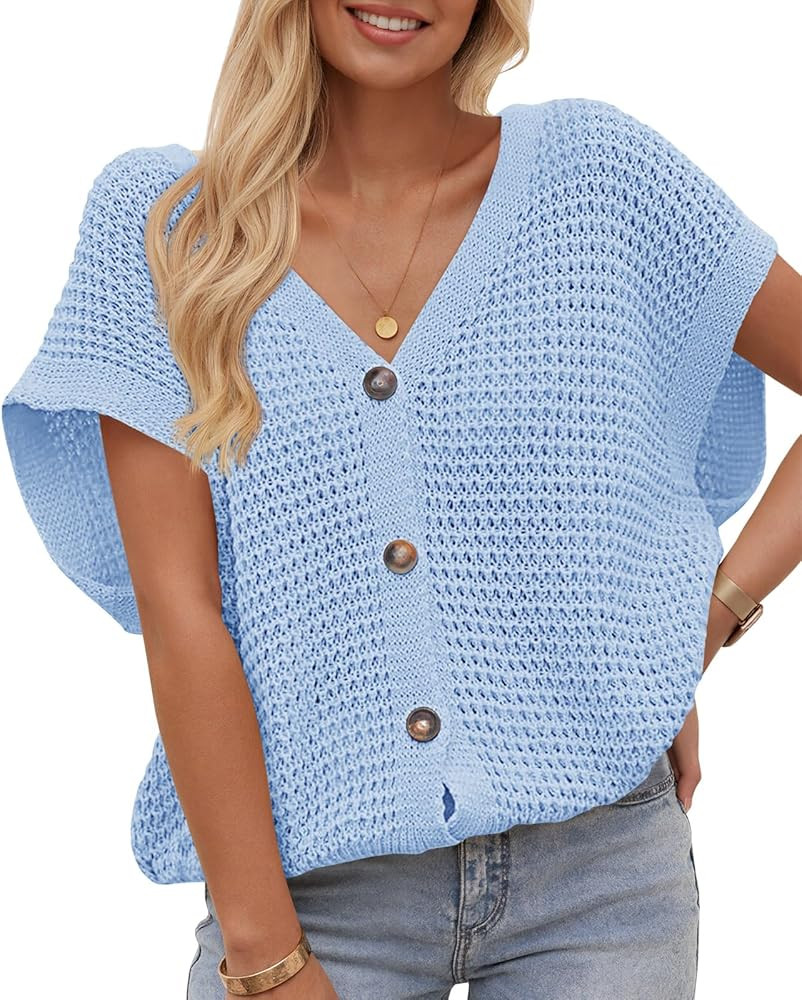 Fisoew Women's Short Sleeve Crochet Sweater Tops Summer Button Down V Neck Casual Knit Hollow Out... | Amazon (US)