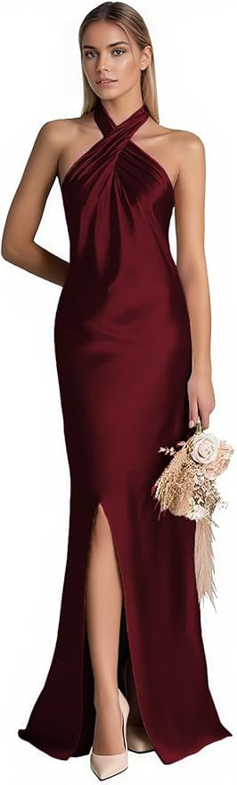 Halter Satin Bridesmaid Dresses for Women Long Backless Summer Wedding Guest Dress with Slit L010... | Amazon (US)