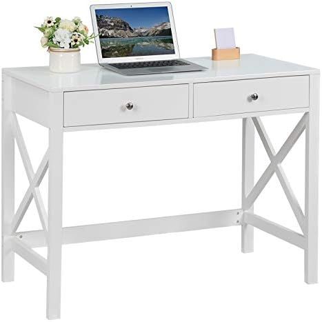 Usinso White Writing Computer Desk with Drawers,Small Modern Table for Bedrooms,White Vanity Table,O | Amazon (US)