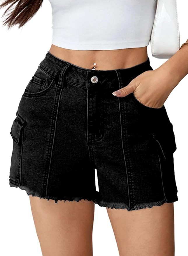 Sidefeel Women's Jean Shorts High Waisted Stretchy Casual Raw Hem Front Seam Denim Shorts with Po... | Amazon (US)