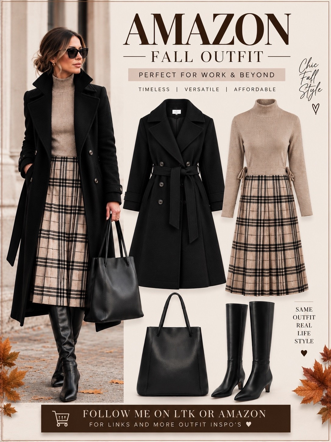 A little Parisian influence, a little modern sophistication. 
I love how the soft knit and plaid midi dress bring texture and femininity to an otherwise tailored look. Add a beautifully structured black coat, sleek knee-high boots, and a simple leather tote, and suddenly getting dressed for work feels a little more interesting.
It’s polished without feeling overly formal, feminine without being fussy, and versatile enough to take you well beyond the office.
Even better? Every piece is from Amazon.