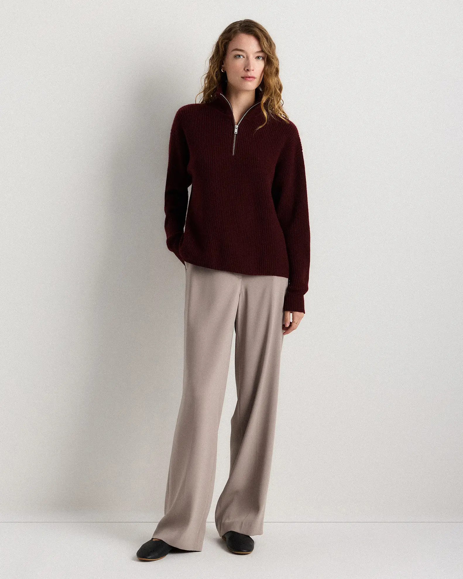 Mongolian Cashmere Fisherman Quarter Zip Sweater in Rich Burgundy | Quince
