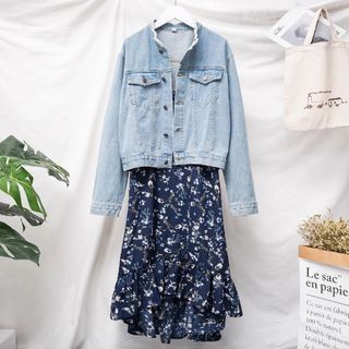 Set: Buttoned Denim Jacket + Spaghetti Strap Floral Print Dress | YesStyle Global